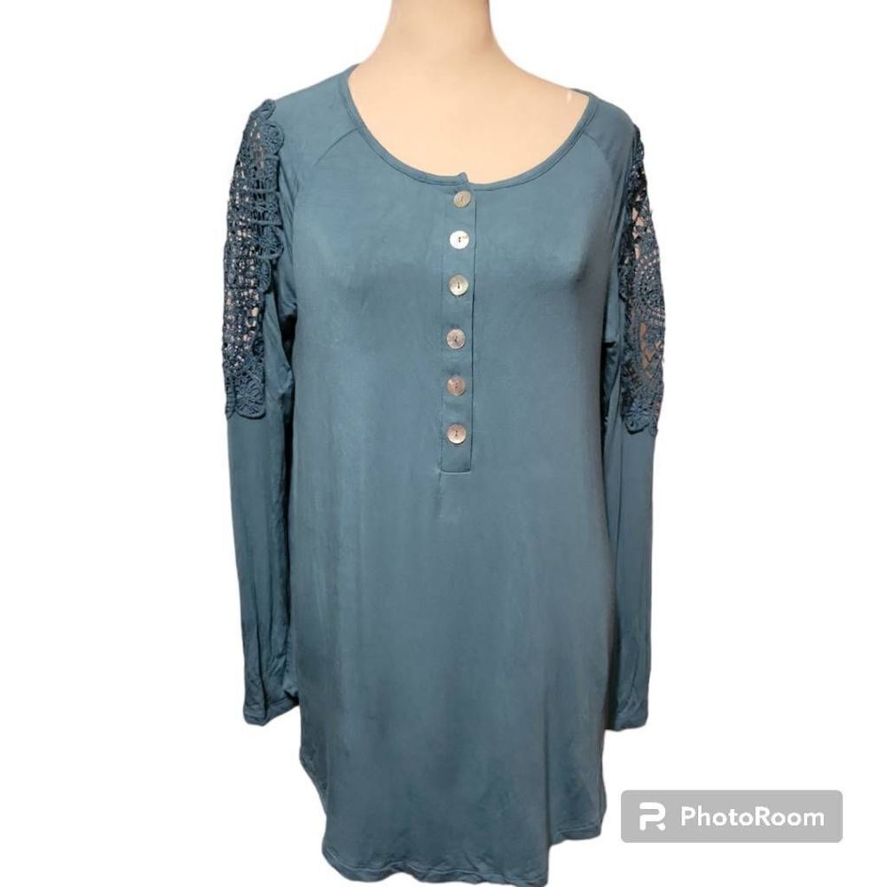 Zenana Premium Women's Long Sleeve Turquoise Embroidered Sleeve Half Button Top